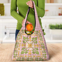 Squares Puakenikeni and Kalo Grocery Bag Pink Palaka Hawaiian Quilt Pattern - Polynesian Pride