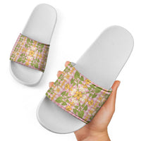 Squares Puakenikeni and Kalo Slide Sandals Pink Palaka Hawaiian Quilt Pattern - Polynesian Pride