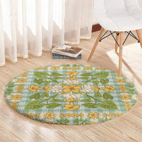 Squares Puakenikeni and Kalo Round Carpet Turquoise Palaka Hawaiian Quilt Pattern - Polynesian Pride