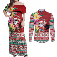 Santa Surf Mele Kalikimaka Personalized Couples Matching Off Shoulder Maxi Dress and Long Sleeve Button Shirt Aloha Tropical Christmas Vibes - Polynesian Pride