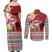 Santa Surf Mele Kalikimaka Personalized Couples Matching Off Shoulder Maxi Dress and Long Sleeve Button Shirt Aloha Tropical Christmas Vibes - Polynesian Pride