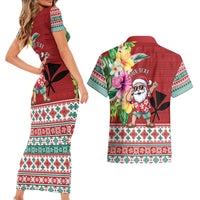 Santa Surf Mele Kalikimaka Personalized Couples Matching Short Sleeve Bodycon Dress and Hawaiian Shirt Aloha Tropical Christmas Vibes - Polynesian Pride
