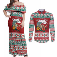 Shaka Sign Skull Mele Kalikimaka Personalized Couples Matching Off Shoulder Maxi Dress and Long Sleeve Button Shirt Hawaiian Quilt Pattern - Polynesian Pride