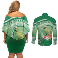Norfolk Parakeet Tropical Couples Matching Off Shoulder Short Dress and Long Sleeve Button Shirt Norfolk Island Tribal Pattern