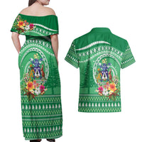 Norfolk Island Pine Tree Christmas Couples Matching Off Shoulder Maxi Dress and Hawaiian Shirt Coat of Arm and Polynesian Pattern