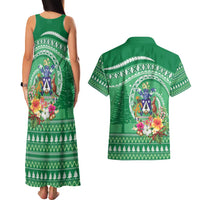 Norfolk Island Pine Tree Christmas Couples Matching Tank Maxi Dress and Hawaiian Shirt Coat of Arm and Polynesian Pattern