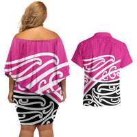 All Pink New Zealand Kowhai Ngutukak Couples Matching Off Shoulder Short Dress and Hawaiian Shirt - Polynesian Pride