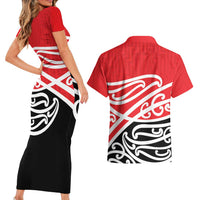 All Red New Zealand Kowhai Ngutukak Couples Matching Short Sleeve Bodycon Dress and Hawaiian Shirt - Polynesian Pride