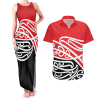 All Red New Zealand Kowhai Ngutukak Couples Matching Tank Maxi Dress and Hawaiian Shirt - Polynesian Pride