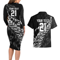 New Zealand Lawn Bowls Custom Couples Matching Long Sleeve Bodycon Dress and Hawaiian Shirt Black Maori Warrior Tribal Silver Fern - Polynesian Pride