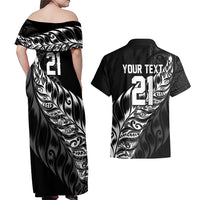 New Zealand Lawn Bowls Custom Couples Matching Off Shoulder Maxi Dress and Hawaiian Shirt Black Maori Warrior Tribal Silver Fern - Polynesian Pride