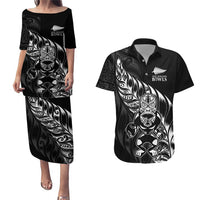 New Zealand Lawn Bowls Custom Couples Matching Puletasi and Hawaiian Shirt Black Maori Warrior Tribal Silver Fern - Polynesian Pride