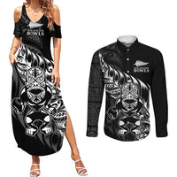 New Zealand Lawn Bowls Custom Couples Matching Summer Maxi Dress and Long Sleeve Button Shirt Black Maori Warrior Tribal Silver Fern LT9 Black - Polynesian Pride