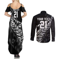 New Zealand Lawn Bowls Custom Couples Matching Summer Maxi Dress and Long Sleeve Button Shirt Black Maori Warrior Tribal Silver Fern LT9 - Polynesian Pride