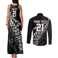 New Zealand Lawn Bowls Custom Couples Matching Tank Maxi Dress and Long Sleeve Button Shirt Black Maori Warrior Tribal Silver Fern - Polynesian Pride