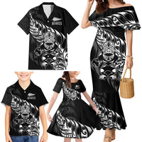 New Zealand Lawn Bowls Custom Family Matching Mermaid Dress and Hawaiian Shirt Black Maori Warrior Tribal Silver Fern - Polynesian Pride