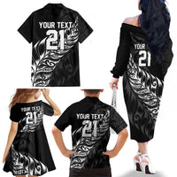 New Zealand Lawn Bowls Custom Family Matching Off The Shoulder Long Sleeve Dress and Hawaiian Shirt Black Maori Warrior Tribal Silver Fern - Polynesian Pride