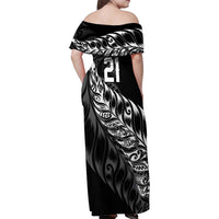 New Zealand Lawn Bowls Custom Family Matching Off Shoulder Maxi Dress and Hawaiian Shirt Black Maori Warrior Tribal Silver Fern - Polynesian Pride