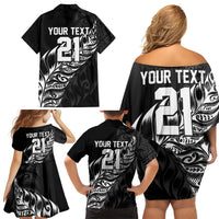 New Zealand Lawn Bowls Custom Family Matching Off Shoulder Short Dress and Hawaiian Shirt Black Maori Warrior Tribal Silver Fern - Polynesian Pride