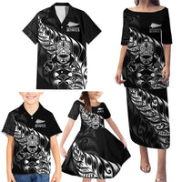 New Zealand Lawn Bowls Custom Family Matching Puletasi and Hawaiian Shirt Black Maori Warrior Tribal Silver Fern - Polynesian Pride