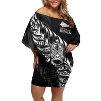 New Zealand Lawn Bowls Custom Off Shoulder Short Dress Black Maori Warrior Tribal Silver Fern - Polynesian Pride