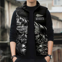 New Zealand Lawn Bowls Custom Sleeveless Puffer Jacket Black Maori Warrior Tribal Silver Fern - Polynesian Pride