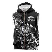 New Zealand Lawn Bowls Custom Sleeveless Zip Hoodie Black Maori Warrior Tribal Silver Fern - Polynesian Pride