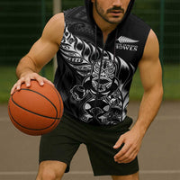 New Zealand Lawn Bowls Custom Sleeveless Zip Hoodie Black Maori Warrior Tribal Silver Fern - Polynesian Pride