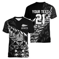 New Zealand Lawn Bowls Custom Women V-Neck T-Shirt Black Maori Warrior Tribal Silver Fern - Polynesian Pride