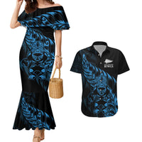 New Zealand Lawn Bowls Custom Couples Matching Mermaid Dress and Hawaiian Shirt Blue Maori Warrior Tribal Silver Fern - Polynesian Pride