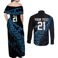 New Zealand Lawn Bowls Custom Couples Matching Off Shoulder Maxi Dress and Long Sleeve Button Shirt Blue Maori Warrior Tribal Silver Fern - Polynesian Pride