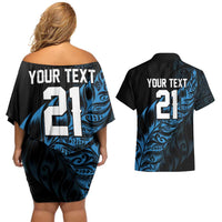 New Zealand Lawn Bowls Custom Couples Matching Off Shoulder Short Dress and Hawaiian Shirt Blue Maori Warrior Tribal Silver Fern - Polynesian Pride