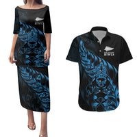 New Zealand Lawn Bowls Custom Couples Matching Puletasi and Hawaiian Shirt Blue Maori Warrior Tribal Silver Fern - Polynesian Pride
