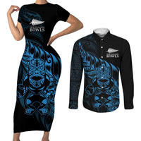 New Zealand Lawn Bowls Custom Couples Matching Short Sleeve Bodycon Dress and Long Sleeve Button Shirt Blue Maori Warrior Tribal Silver Fern - Polynesian Pride