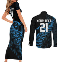 New Zealand Lawn Bowls Custom Couples Matching Short Sleeve Bodycon Dress and Long Sleeve Button Shirt Blue Maori Warrior Tribal Silver Fern - Polynesian Pride