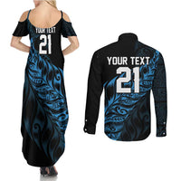 New Zealand Lawn Bowls Custom Couples Matching Summer Maxi Dress and Long Sleeve Button Shirt Blue Maori Warrior Tribal Silver Fern - Polynesian Pride