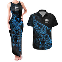 New Zealand Lawn Bowls Custom Couples Matching Tank Maxi Dress and Hawaiian Shirt Blue Maori Warrior Tribal Silver Fern - Polynesian Pride