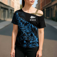 New Zealand Lawn Bowls Custom Cross Shoulder Shirt Blue Maori Warrior Tribal Silver Fern - Polynesian Pride