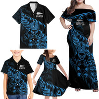 New Zealand Lawn Bowls Custom Family Matching Off Shoulder Maxi Dress and Hawaiian Shirt Blue Maori Warrior Tribal Silver Fern - Polynesian Pride