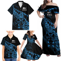 New Zealand Lawn Bowls Custom Family Matching Off Shoulder Maxi Dress and Hawaiian Shirt Blue Maori Warrior Tribal Silver Fern - Polynesian Pride
