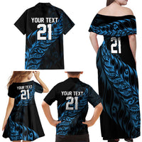 New Zealand Lawn Bowls Custom Family Matching Off Shoulder Maxi Dress and Hawaiian Shirt Blue Maori Warrior Tribal Silver Fern - Polynesian Pride