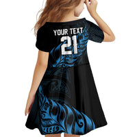 New Zealand Lawn Bowls Custom Family Matching Off Shoulder Short Dress and Hawaiian Shirt Blue Maori Warrior Tribal Silver Fern - Polynesian Pride