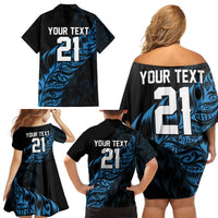 New Zealand Lawn Bowls Custom Family Matching Off Shoulder Short Dress and Hawaiian Shirt Blue Maori Warrior Tribal Silver Fern - Polynesian Pride
