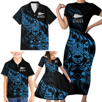New Zealand Lawn Bowls Custom Family Matching Short Sleeve Bodycon Dress and Hawaiian Shirt Blue Maori Warrior Tribal Silver Fern - Polynesian Pride