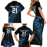 New Zealand Lawn Bowls Custom Family Matching Short Sleeve Bodycon Dress and Hawaiian Shirt Blue Maori Warrior Tribal Silver Fern - Polynesian Pride