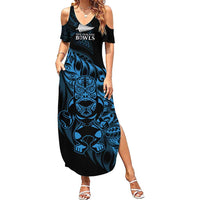 New Zealand Lawn Bowls Custom Family Matching Summer Maxi Dress and Hawaiian Shirt Blue Maori Warrior Tribal Silver Fern - Polynesian Pride