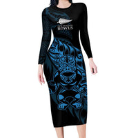 New Zealand Lawn Bowls Custom Long Sleeve Bodycon Dress Blue Maori Warrior Tribal Silver Fern - Polynesian Pride