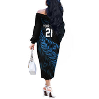 New Zealand Lawn Bowls Custom Off The Shoulder Long Sleeve Dress Blue Maori Warrior Tribal Silver Fern - Polynesian Pride