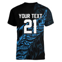 New Zealand Lawn Bowls Custom Women V-Neck T-Shirt Blue Maori Warrior Tribal Silver Fern LT9 - Polynesian Pride