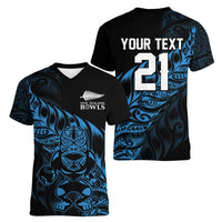 New Zealand Lawn Bowls Custom Women V-Neck T-Shirt Blue Maori Warrior Tribal Silver Fern LT9 - Polynesian Pride